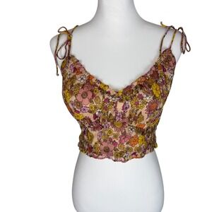 Patrons of Peace Floral Crop Top Pink Yellow Boho Tie Strap Smocked Back Medium